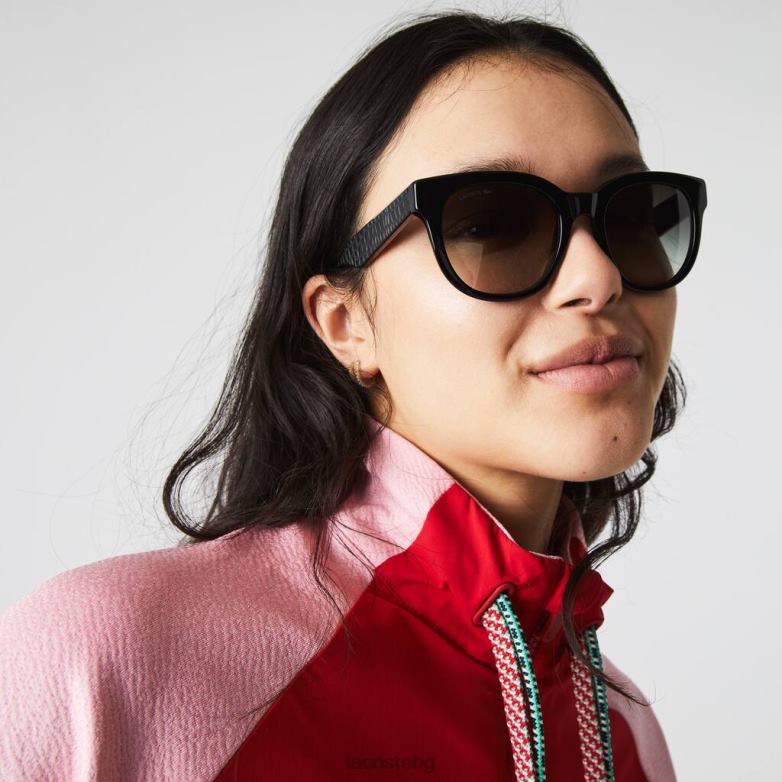 Жени Lacoste матово черно овални слънчеви очила от крокодилова кожа аксесоари XTV622920