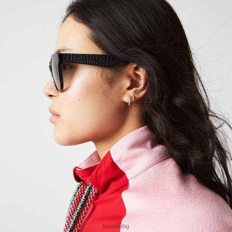 Жени Lacoste матово черно овални слънчеви очила от крокодилова кожа аксесоари XTV622920