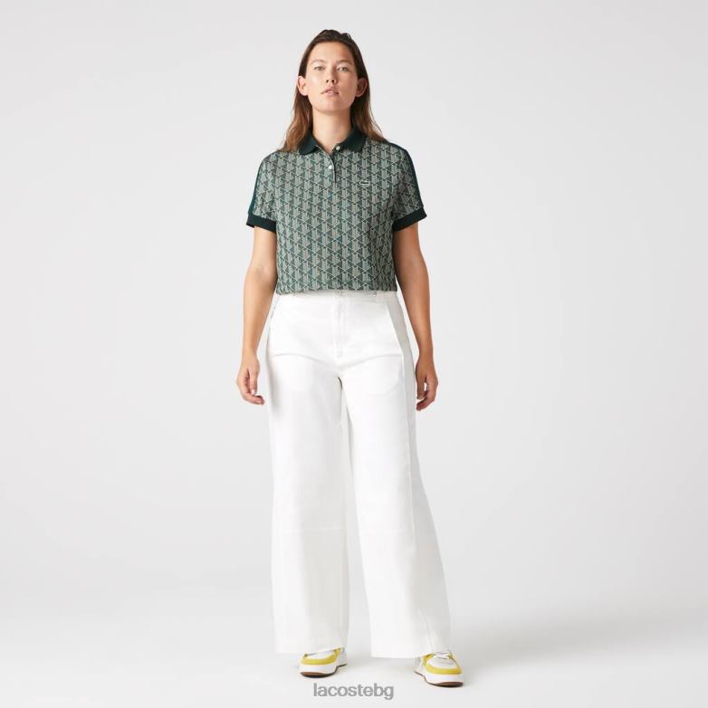 Жени Lacoste зелено/бежово поло с щампа монограм с обикновена форма облекло XTV622474
