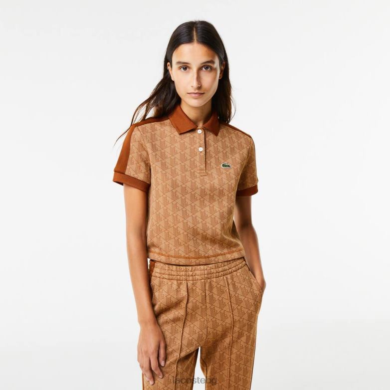 Жени Lacoste бежово/кафяво поло с щампа монограм с обикновена форма облекло XTV622475