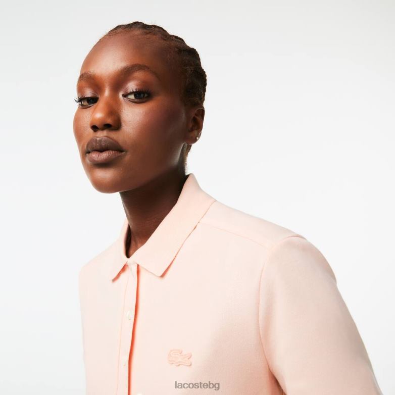Жени Lacoste светло розово прилепнало еластично памучно пике поло облекло XTV622508