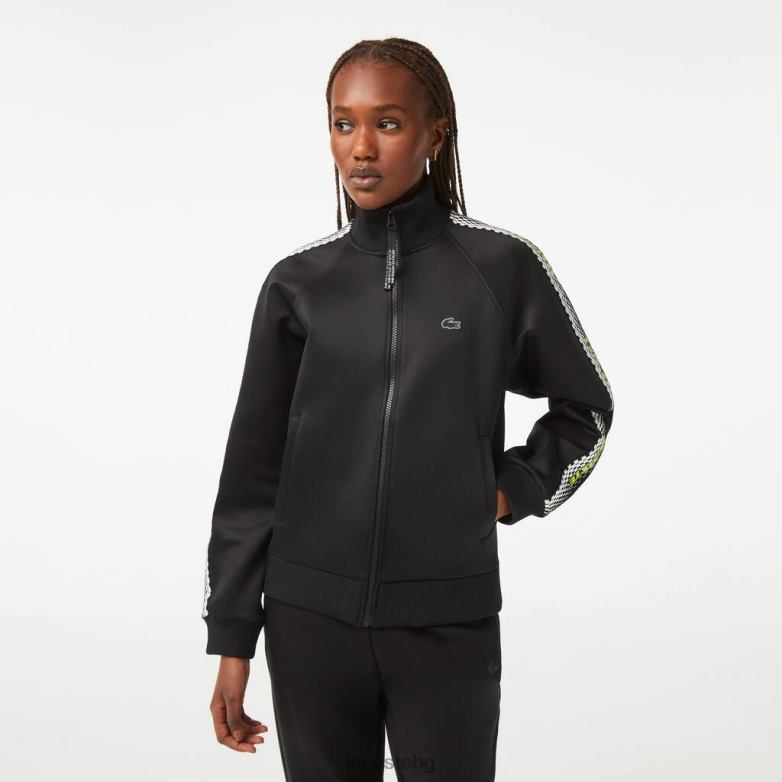 Жени Lacoste черен свободен суичър с цип на лого ивица облекло XTV622397