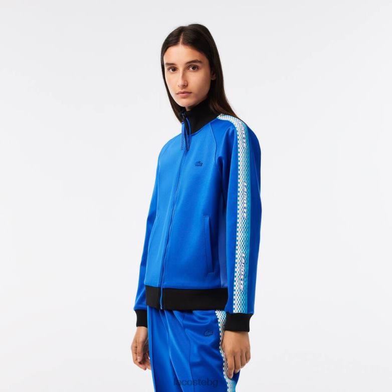 Жени Lacoste синьо черно свободен суичър с цип на лого ивица облекло XTV622398