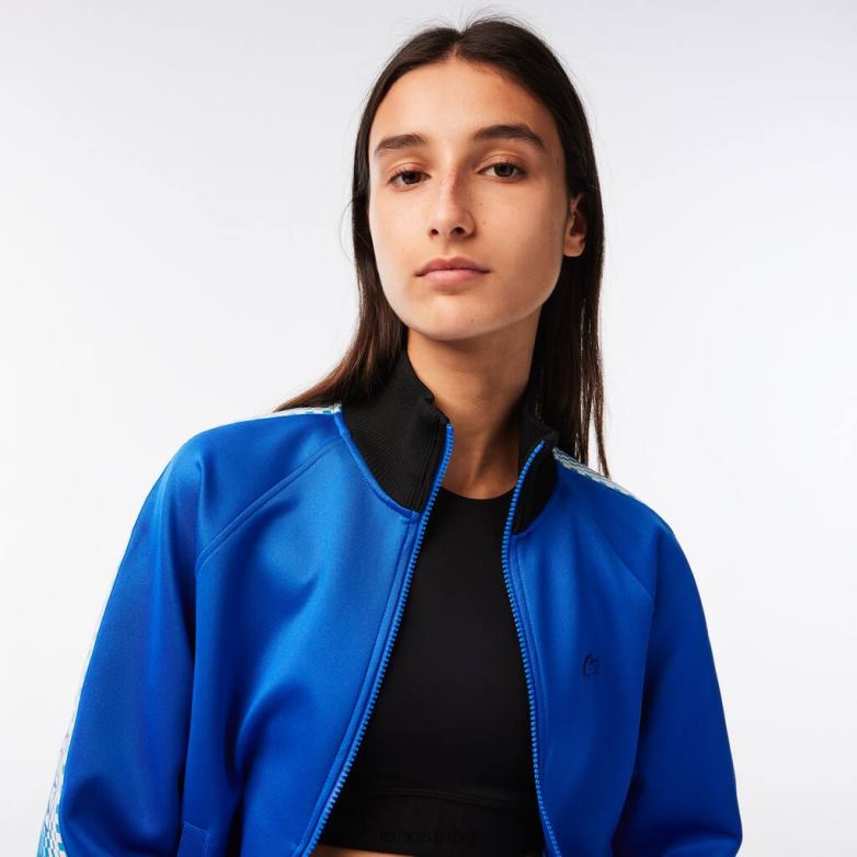 Жени Lacoste синьо черно свободен суичър с цип на лого ивица облекло XTV622398