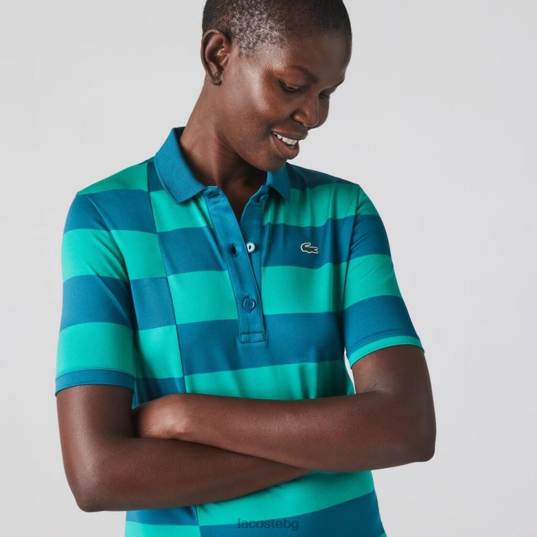 Жени Lacoste зелено спортен раиран пуловер от трико за голф облекло XTV622489