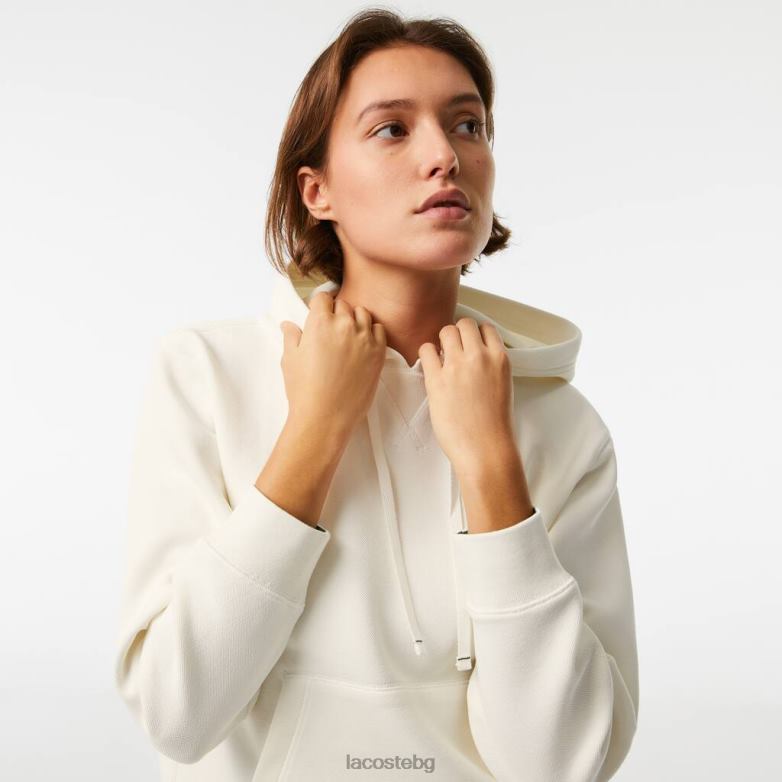 Жени Lacoste бяло свободен суичър с качулка от смесен памук облекло XTV622529