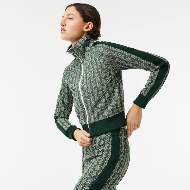 Жени Lacoste зелено/бежово суичър с обикновен монограм с цип облекло XTV622537