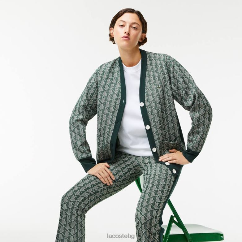 Жени Lacoste зелено/бежово широка жилетка с принт на монограм облекло XTV622635