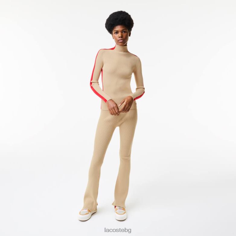 Жени Lacoste бежово/червено безшевен пуловер с контрастни ленти облекло XTV622657