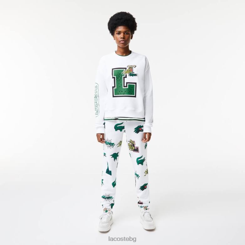 Жени Lacoste бяло oversized щампа и брандиран суичър облекло XTV622578