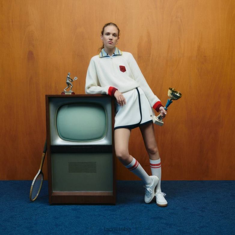 Жени Lacoste x Goop бяло оребрен вълнен пуловер с цип облекло XTV622673