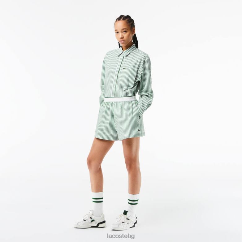 Жени Lacoste бяло/каки зелено раирани шорти от памучен поплин облекло XTV622455