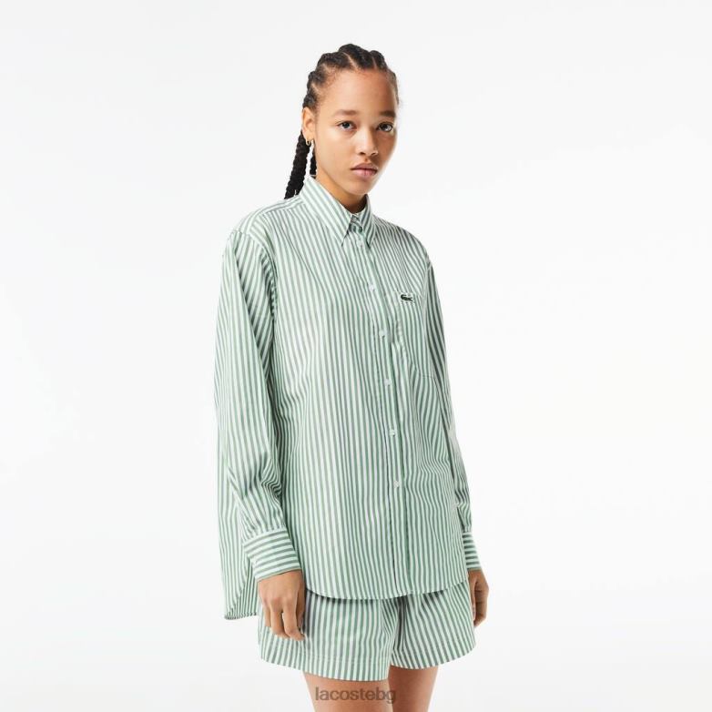 Жени Lacoste бяло/каки зелено раирана памучна риза от поплин облекло XTV622448