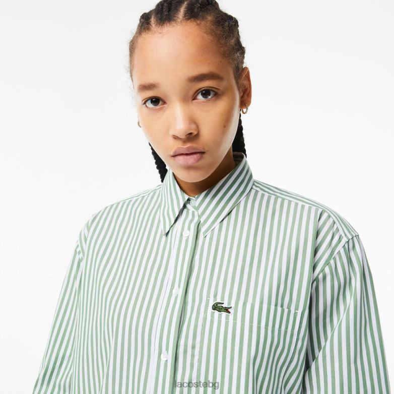 Жени Lacoste бяло/каки зелено раирана памучна риза от поплин облекло XTV622448