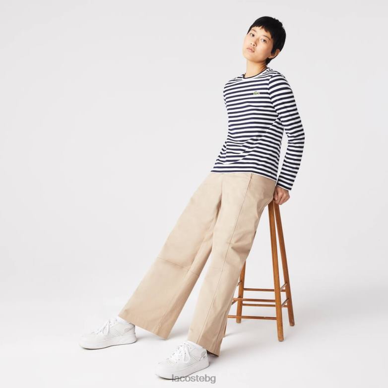 Жени Lacoste Черно бяла памучна тениска от трико на райета облекло XTV622559