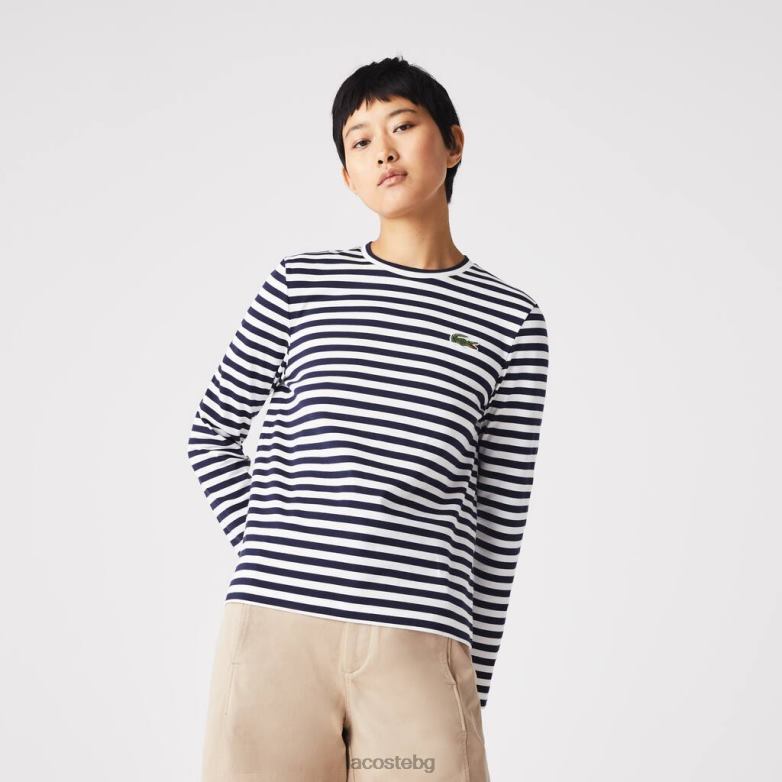 Жени Lacoste Черно бяла памучна тениска от трико на райета облекло XTV622559