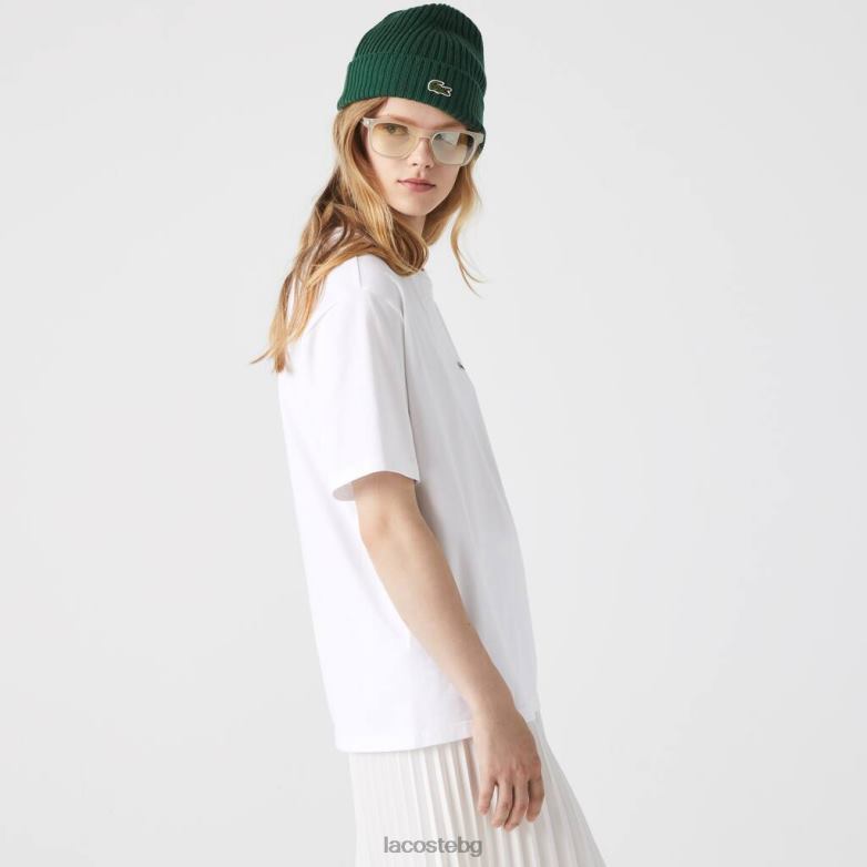 Жени Lacoste бяло първокласна памучна тениска с кръгла яка облекло XTV622590