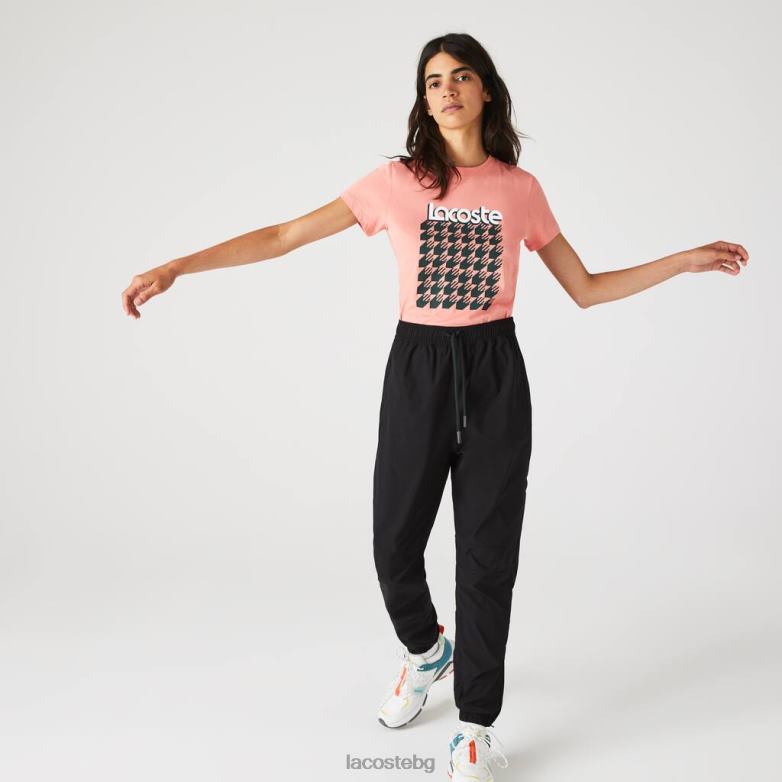 Жени Lacoste розово/зелено/бяло/зелено спортна дишаща тениска с шарка на хрътка зъби облекло XTV622596