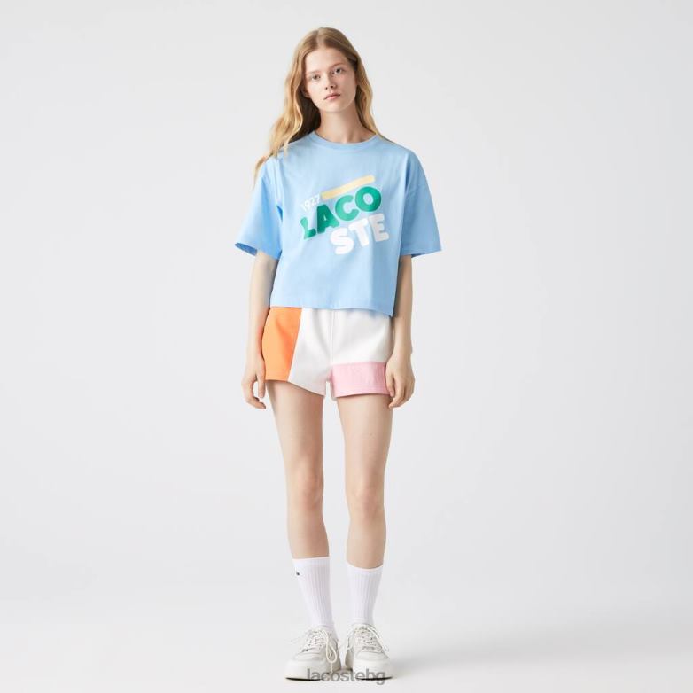 Жени Lacoste син къса широка тениска от органичен памук с петна облекло XTV622611