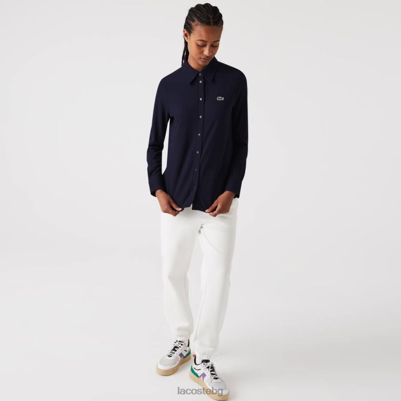 Жени Lacoste тъмносин памучна риза с френска яка облекло XTV622649