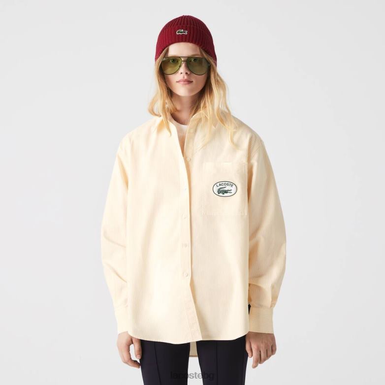 Жени Lacoste жълто/бяло оксфордска памучна овъргайз риза облекло XTV622651
