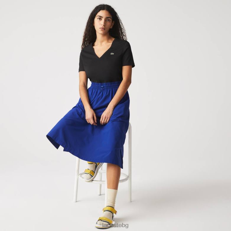 Жени Lacoste черен широка памучна тениска с v-образно деколте облекло XTV622606