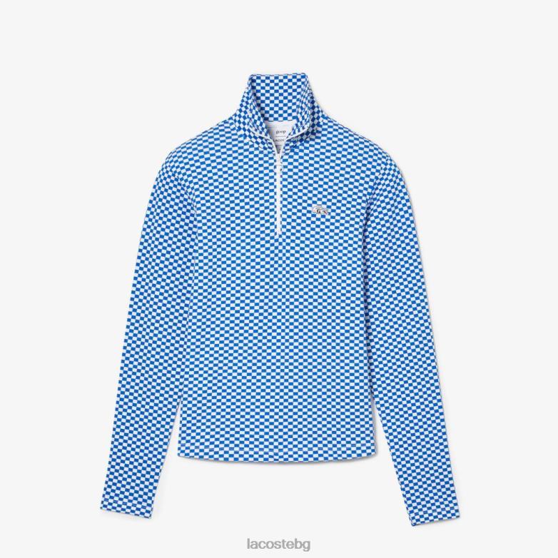 Жени Lacoste x Goop бяло/синьо тениска с висока яка с цип облекло XTV622671