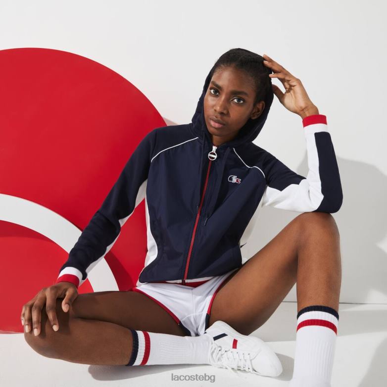 Жени Lacoste тъмносиньо/бяло/червено спортно френско яке с цип от полар облекло XTV622610