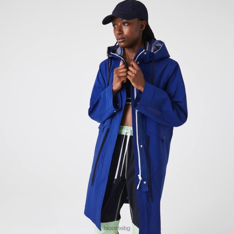 Жени Lacoste син дълга водоустойчива парка с качулка облекло XTV622628
