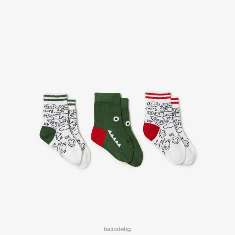 деца Lacoste бяло/зелено/тъмно синьо три чорапа с крокодилски принт аксесоари XTV622979