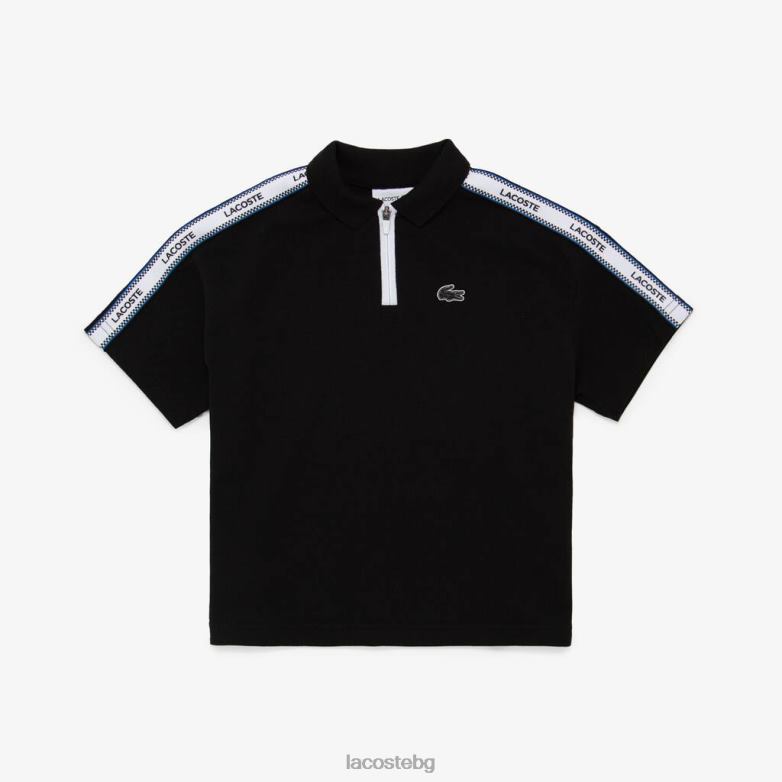деца Lacoste черен поло с яка с цип и щамповани ленти облекло XTV622960
