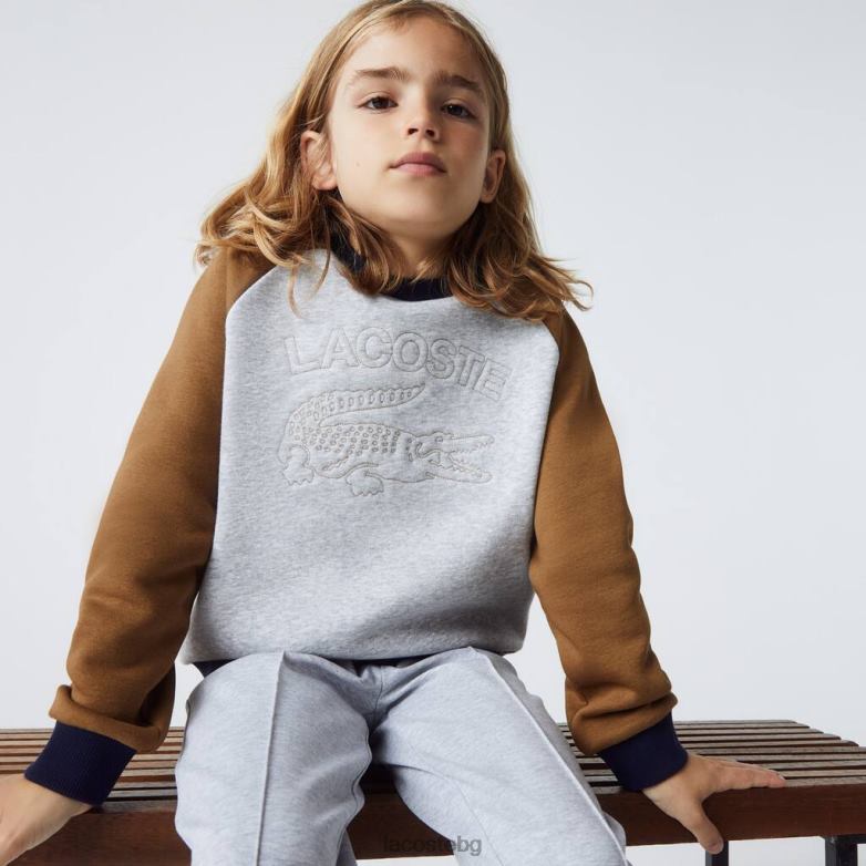деца Lacoste сив цвят/кафяв/тъмносин брандиран суичър с цветни блокове облекло XTV623195