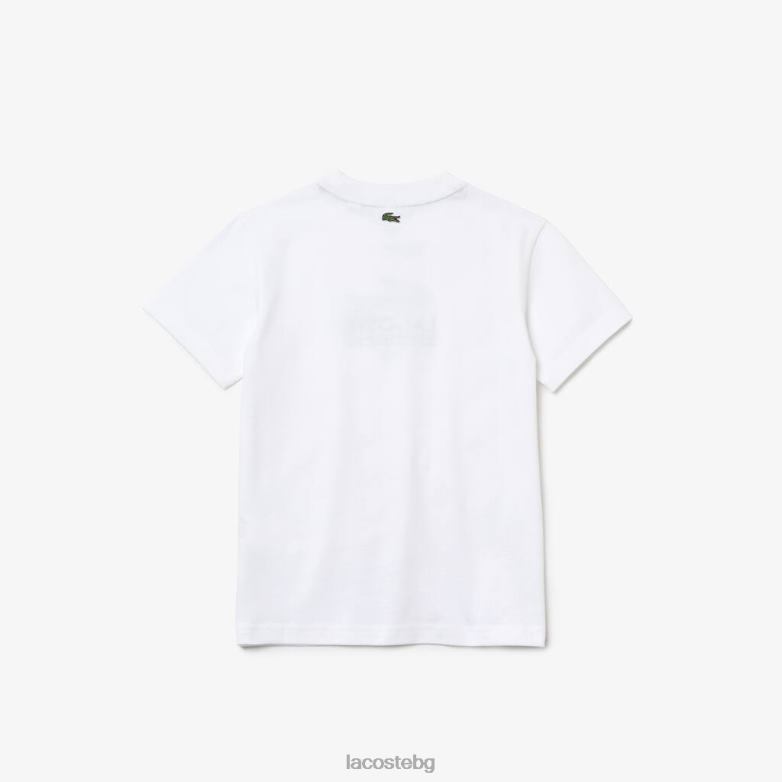 деца Lacoste бяло памучна тениска с кръгло деколте с надпис крокодил облекло XTV623119