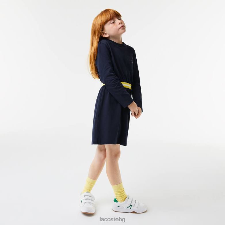 деца Lacoste тъмносин рокля от памучно трико с контрастна талия облекло XTV623270