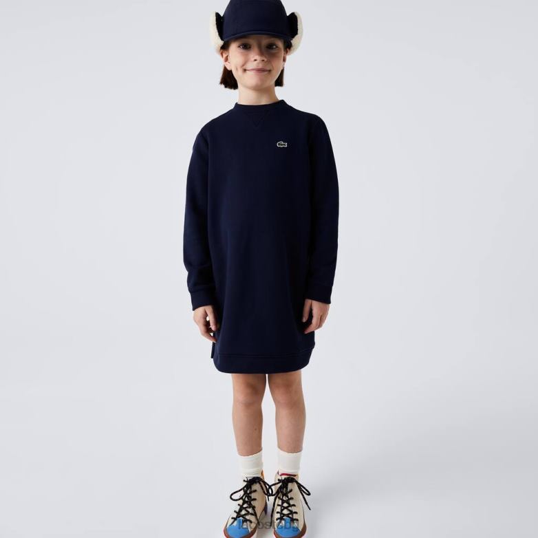 деца Lacoste тъмносин рокля от памучен полар с плисиран гръб облекло XTV623287