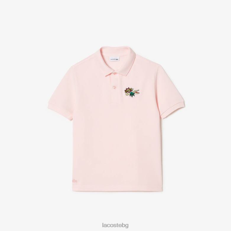 деца Lacoste светло розово комична значка пике поло от органичен памук облекло XTV623146