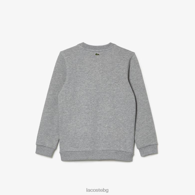 деца Lacoste сив цвят/бял/зелен памучен поларен суитшърт с кръгло деколте с наследствен крокодил облекло XTV623255