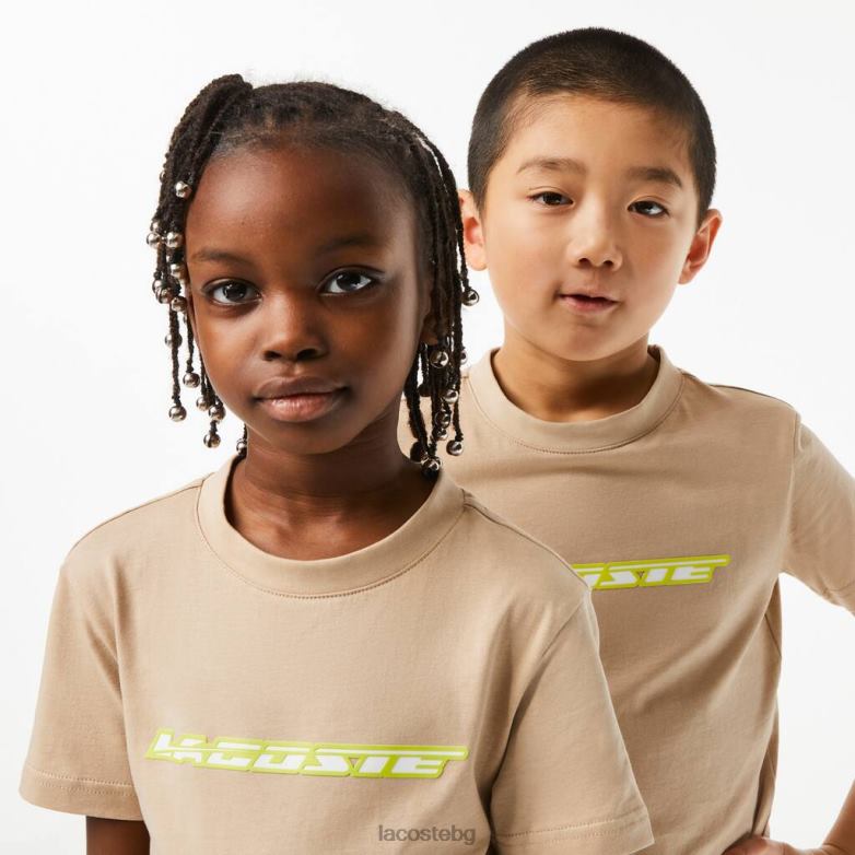 деца Lacoste бежово/жълто тениска от памучно трико с контрастна маркировка облекло XTV623013