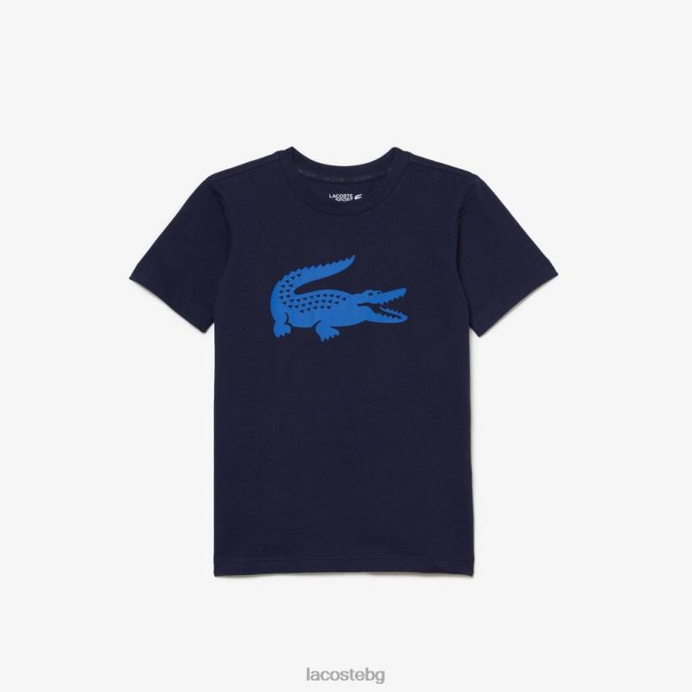 деца Lacoste морско синьо/синьо спортна тенис техническа фланелка с голяма крокодилна тениска облекло XTV623023