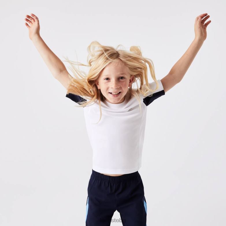 деца Lacoste бяло/тъмно синьо/бяло спортна тениска с цветни блокове облекло XTV623154