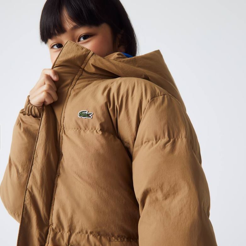 деца Lacoste кафяво/синьо яке от тафта с качулка с крокодилска бродерия облекло XTV623222