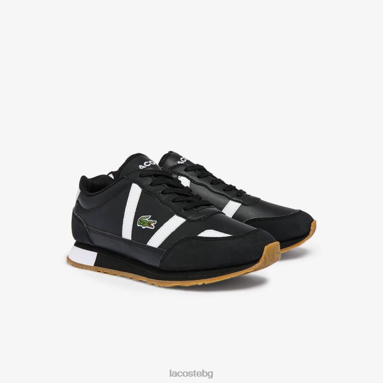 деца Lacoste Черно бяла партньорски синтетични маратонки обувки XTV623318