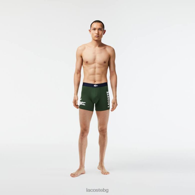 мъже Lacoste зелено/тъмно синьо/бяло Дълги еластични памучни боксерки с крокодилска талия 3 бр облекло XTV621368