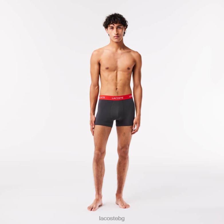 мъже Lacoste тъмно сиво/червено/синьо/черно раиран багажник от микрофибър на кръста 3 бр облекло XTV621528