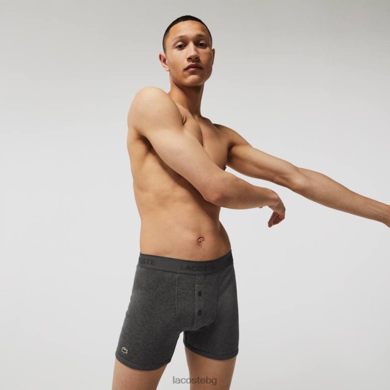 мъже Lacoste черен/сив chine Дълги памучни боксерки с надписи, 3 бр облекло XTV621359