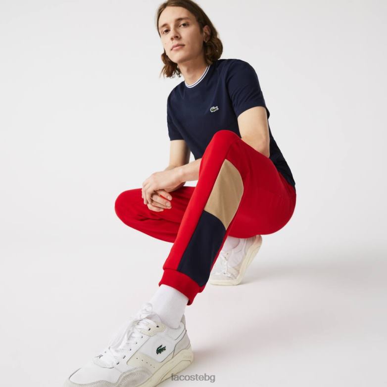 мъже Lacoste червено/бежово/тъмно синьо маркови панталони за джогинг от полар с цветен блок облекло XTV621109