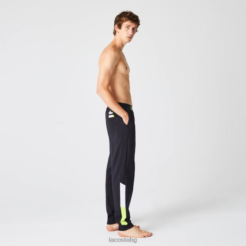 мъже Lacoste тъмно сиво/бяло/жълто големи пижамни панталони от полар с лого облекло XTV621566
