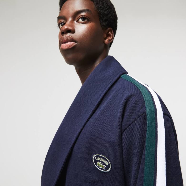 мъже Lacoste тъмносин вдъхновени от спорта текстурирани значки памучно пике халат облекло XTV621401