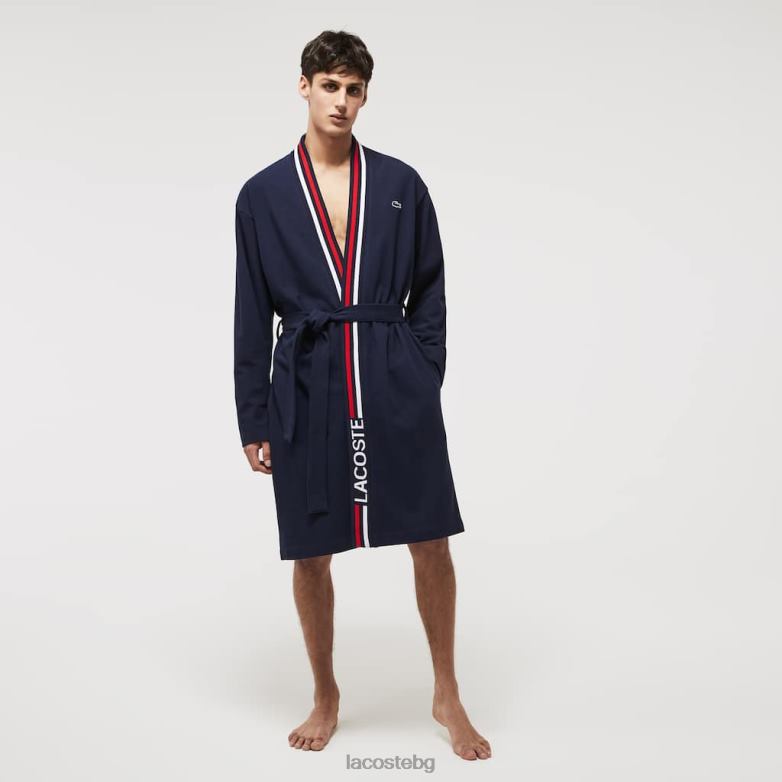 мъже Lacoste тъмносин халат с трицветна памучна пике облекло XTV621571