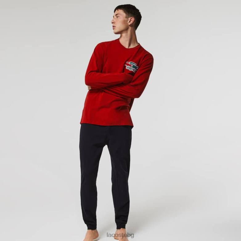 мъже Lacoste червено/тъмно синьо комплект дълга еластична памучна пижама облекло XTV621639